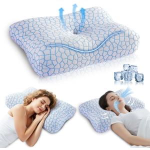 Memory Foam Side Sleeper Pillow for Neck and Shoulder Painf,Cervical Support,Queen Size Cooling Contour Pillow with Dual-Height, Orthopedic Ergonomic for Side, Back, Stomach Sleeper (Blue)