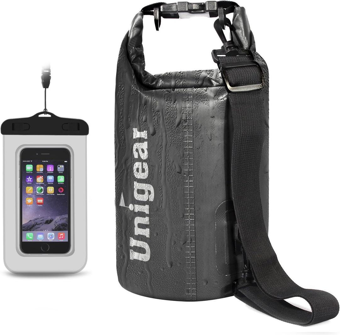 Unigear Dry Bag Waterproof, 2L/5L/10L/20L/30L/40L Floating and Lightweight Bags for Kayaking, Boating, Fishing, Swimming and Camping with Waterproof Phone Case (Black)