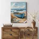 RJETZMU Coastal Boat Beach Canvas Wall Art, Gallery Wrapped Print, 16x24 | Soft Nautical Palette Solid Inner Wood Frame Peaceful Shoreline Scene Clean Frameless Edge Profile