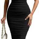 MOEENCN Women's Sexy Bodycon Midi Dress Birthday Outfits Sheer Mesh High Neck Ruched Date Night Club Party Dresses (XL, Black)