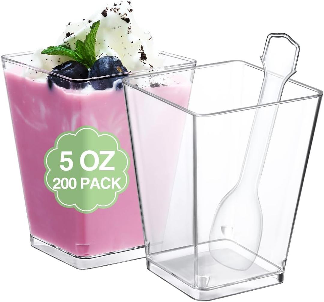 SHOPDAY 5 Oz-Plastic-Dessert-Cups: 200 Pack Square-Clear-Parfait-Cup-with-Spoons, Appetizer-Cup Small-Plastic-Mini-Shooter-Cups for Party Yogurt Mousse