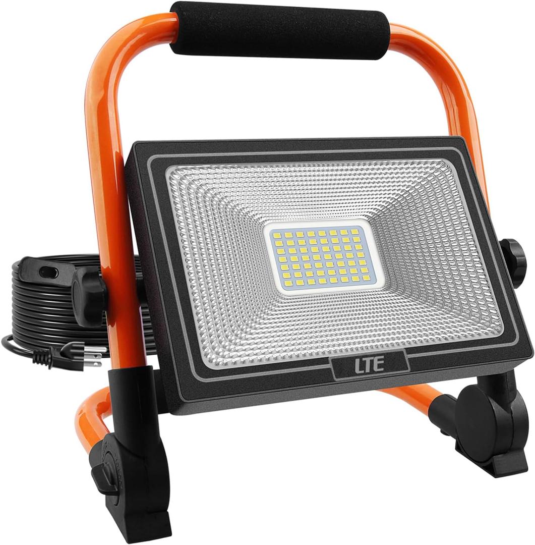 LTE 50W LED Work Light, 4300LM 500W Equivalent Portable Light IP66 Waterproof Outdoor Flood Lights 16.4FT Cable with Plug Switch, 5000K Daylight, Adjustable Job Site Lighting for Garage Workshop