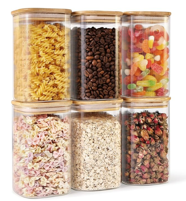 Glass Food Storage Jars 6-Pack 37oz - 4x6 in-Clear Glass Food Canisters with Bamboo Lid Airtight For Serving Tea, Coffee, Flour, Sugar, Candy, Cookie, Spice and More shutiao