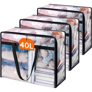 Lifewit 3 Pack Clear Clothes Storage Bags, 40L Plastic Blanket Storage Bag, Vinyl Foldable Moving Bags with Zipper, Closet Organizers and Storage Containers for Bedding, Duvet, Comforter