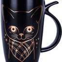 WHJY 20oz Large Black Cute Cat Ceramic Coffee Mug Cup with Splash-proof Lid, Cat Tail Shape Handle, Animal Cat Mug Tumbler (black)