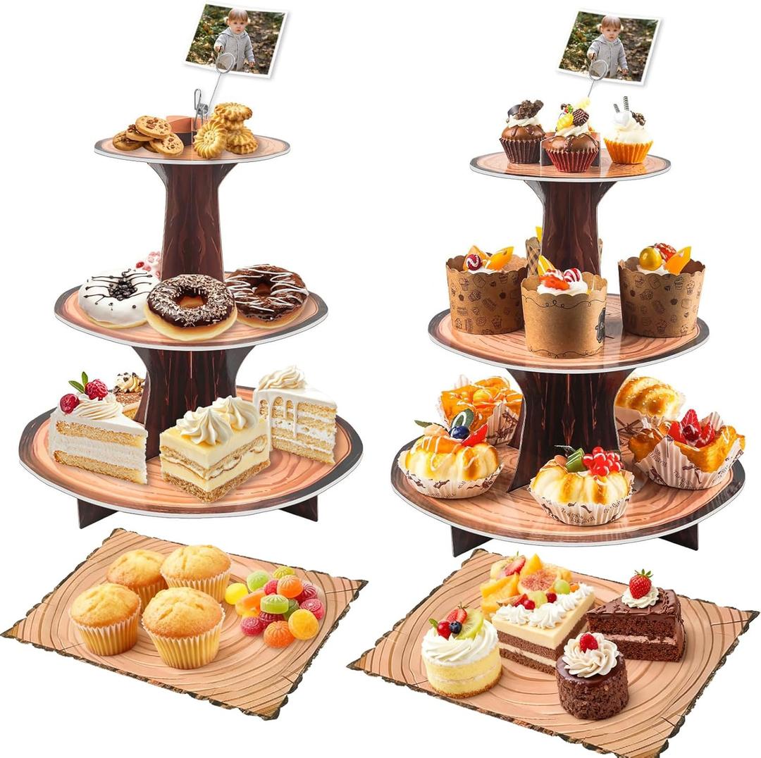 Woodland Rustic Cupcake Stand & Wooden Dessert Table Display Set - 3-Tier Wood-Look Cardboard Tower + Rectangular Tray with Photo Clip, 3 Pack for Baby Shower, Birthday Party Decorations, 2 Set