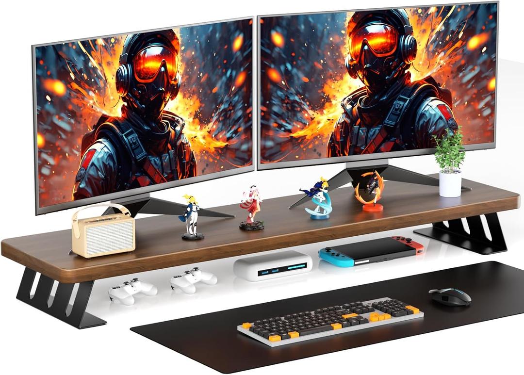 Dual Monitor Stand, 39 Inch Large Wood Monitor Stands for 2 Monitors (Walnut)