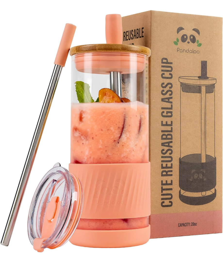Pandaloo Glass Cups With Lids and Straws -20 Fl Oz- Perfect Size Iced Coffee Cup - Smoothie Cup With Bamboo Lid and On the go Lid (Peach Fuzz, 1 Count (Pack of 1)