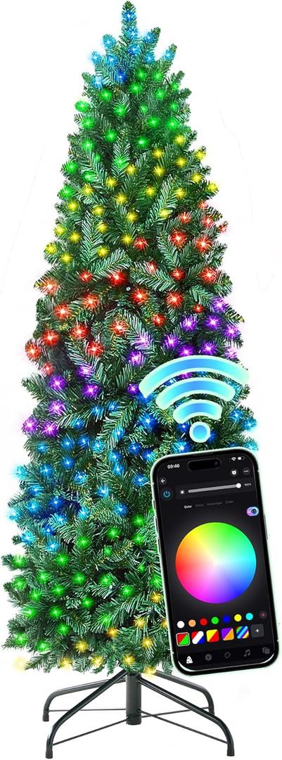 HOLLO STAR 6 ft Prelit Christmas Tree with 247 LED Lights, App Control, Artificial Pencil Christmas Tree with Multi-Color RGBW Lights, 715 Branch Tips, Skinny Xmas Tree, Metal Base, for Home, Party