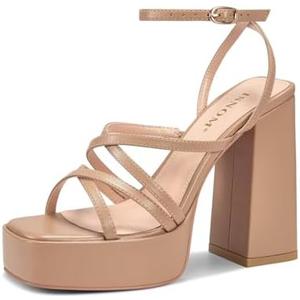 ISNOM Platform Chunky Heels for Women, Block Heel Sandals with Open Square Toe and Ankle Strap, Size 8
