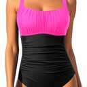 Aqua Eve One Piece Bathing Suit for Women Tummy Control Swimsuit Slimming Vintage Swimwear (X-Large, Hot Pink and Black)