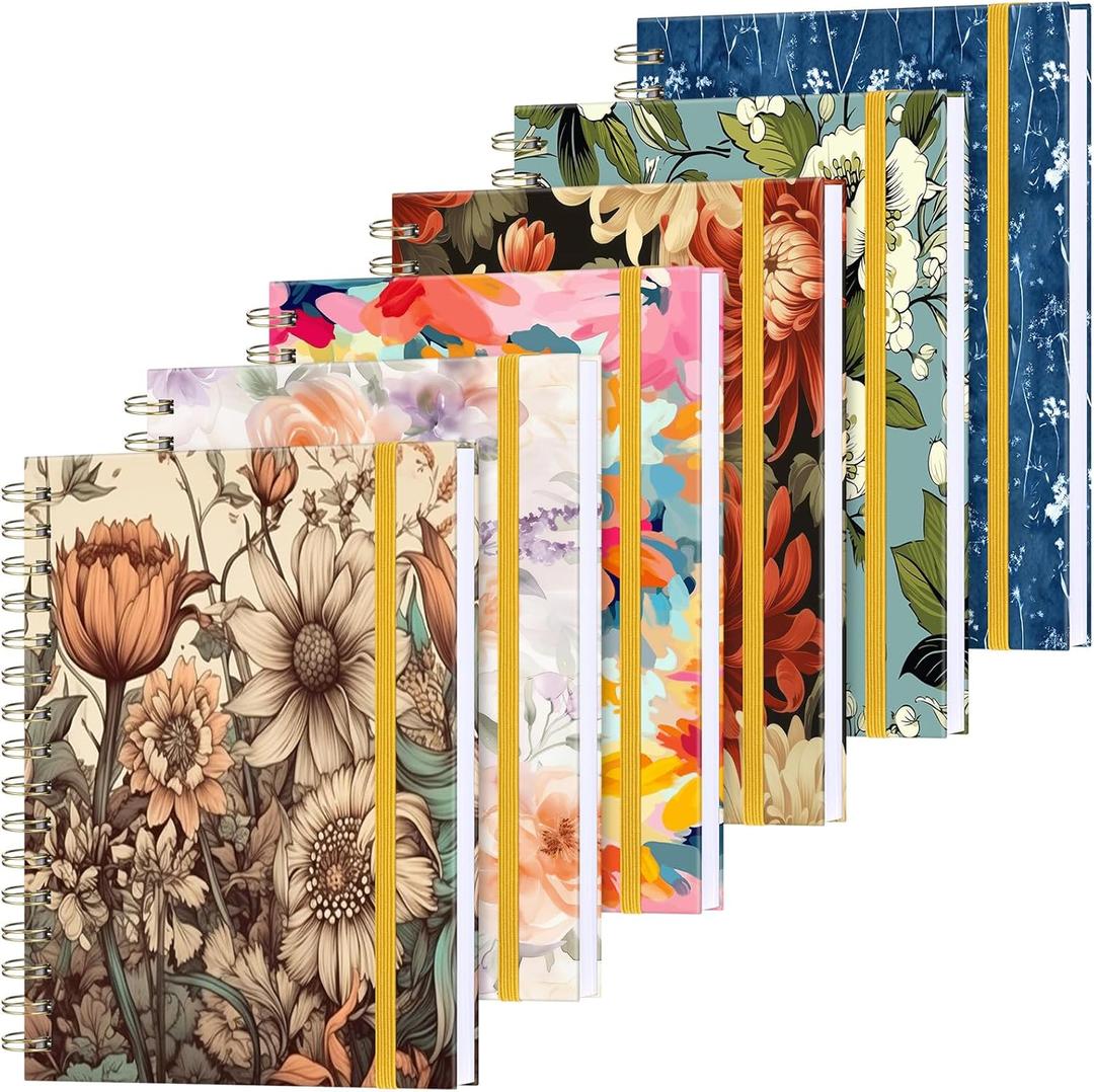 Resurhang 6 Pack Spiral Notebook A5 Hardcover Lined Journal for Women with 2 Pockets Vintage Floral Spiral Journal College Ruled Notebooks 160 Pages & 80 Sheets for Work School Office(Vintage Floral)
