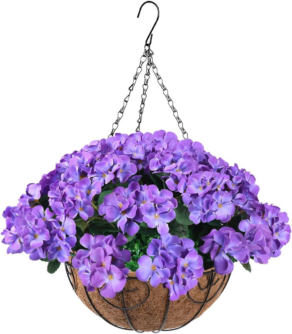 Artificial Flowers Hanging Basket with Begonia Silk Flowers for Outdoor/Indoor, Artificial Geranium Flowers in 12'' Basket for Patio Lawn Garden Summer Decoration(Blue)