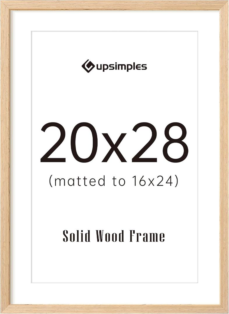 upsimples 20x28 Picture Frame Solid Wooden, Nursery Decor, 1Pack Natural | 100% Solid Wood, Fit 16x24 with Mat and 20 x 28 Poster, Wall Decor or Tabletop Display, Safe For Nursery Kids Room