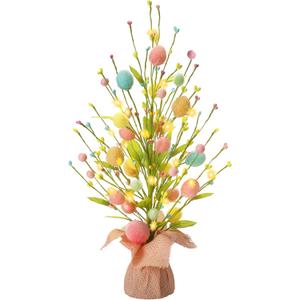 RoseCraft Easter Decorations, Artificial 18 Inch Pre-Lit Easter Egg Tree Tabletop Decor with Delicate Ornaments, for Home Party Wedding Holiday Spring Summer Decoration, Pink/Blue/Yellow.