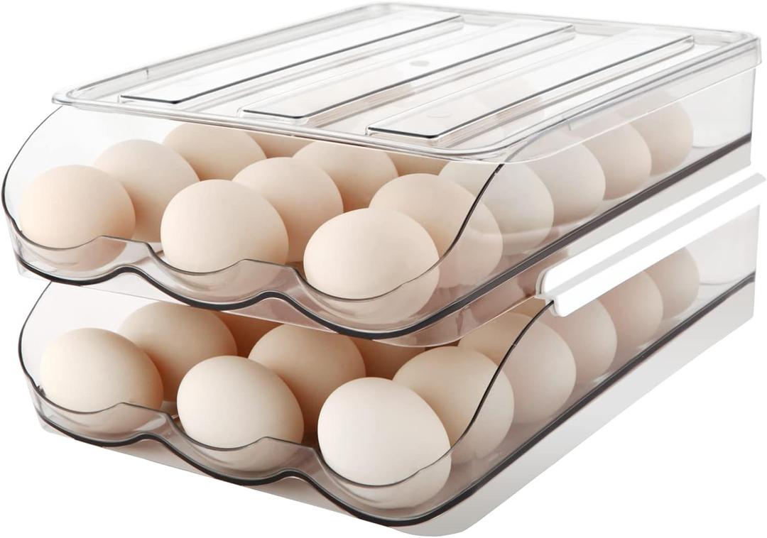 Egg Holder for Fridge, Automatically Rolling Egg Storage Container for Refrigerator,Large Capacity Egg Organizer for Fridge with Lid,Clear Plastic Dispenser, Tray & Bin -2 Layer
