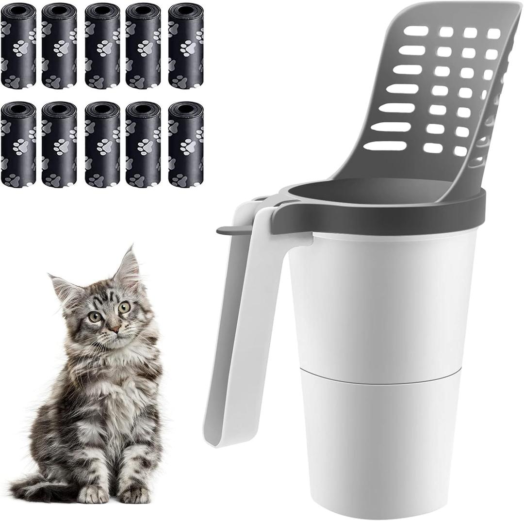Cat Litter Scooper with Holder - Portable Kitty Litter Scoop for Litter Box, Integrated Shovel Cat Litter, Efficient Cleaning for Your Kitty Box with 150 Bags (Grey)