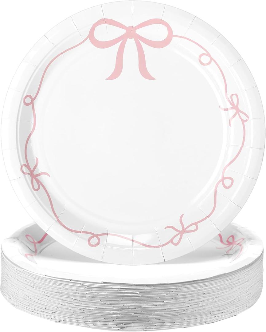 Havawish 50 Pcs Pink Bow Birthday Party Supplies 9 Inch Pink Bow Paper Plates Coquette Bachelorette Tableware Decorations Dinner Plates for Birthday Bachelorette Bridal Baby Shower Party