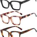 3 Pack Oversize Square Design Reading Glasses for Women, Blue Light Blocking Computer Reader Black & Pink & Leopard, 2.00 X