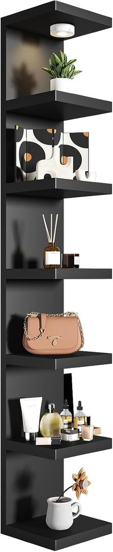 7-Tier Vertical Wall Shelf Unit with USB Rechargeable Led Light (Remote Controlled),Versatile Floating Display Shelves,Lack Style Wall Shelves for Bedroom,Living Room,Office Decor,Vanity-Black