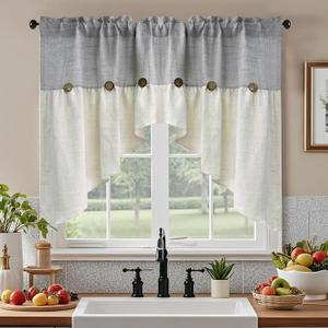 Grey Linen Curtain Swag for Living Room Button Kitchen Curtain Farmhouse Valance Privacy Rod Pocket Boho Window Tiers for Small Windows Bathroom Bedroom 1 Panel, W79 x L35 inch