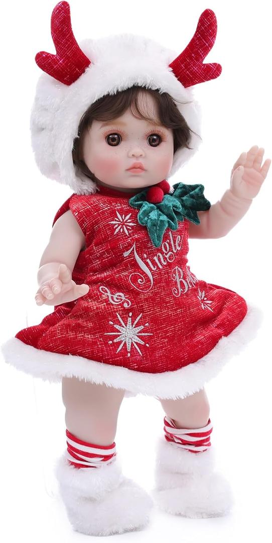 Cloveray Baby Dolls, 18 Inch Realistic Reborn Full Vinyl Baby Doll with Brown Curly Hair, Hand-Painted Freckles & Cozy Red Outfit for Girls Ages 3+, Pretend Play, Display & Collection