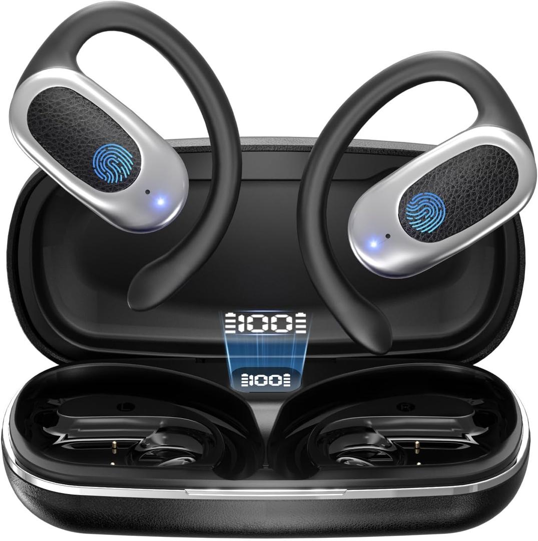 Open Ear Wireless Headphones Air Conduction Earbuds with Mic 42H Playtime Clear Calls LED Digital Display Over Earphones Lightweight Waterproof Secure Earhooks for PC Sports Running Game Business Work (Black)