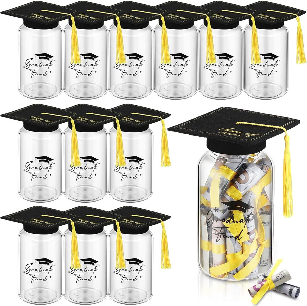 12 Sets 2025 Graduation Gifts Graduation Caps for Mason Jars Grad Cap Money Candy Jars Decorations, Class of 2025 Gifts with Felt Grad Caps Table Centerpieces for Women Men College High School