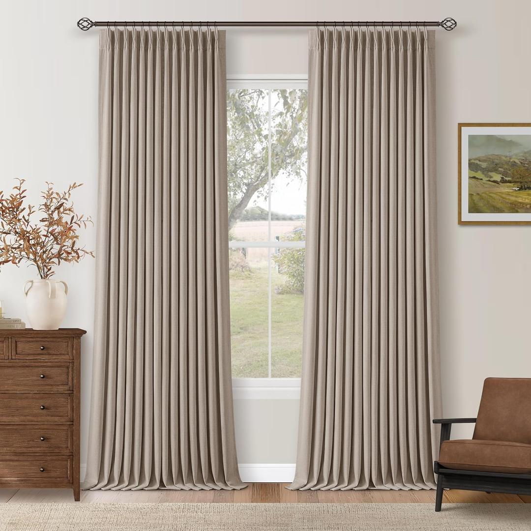 Greyish Beige Pleated Blackout Curtains 96 Inches Long 2 Panels Set for Dining Living Room Darkening Neutral Memory Shape Pinch Pleat Black Out Heavy Duty Thermal Insulated Curtain Drapes with Liner (Burlywood Birch)