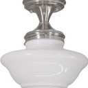 Design House Vintage-Inspired Schoolhouse Semi-Flush Mount Ceiling Light, 9 in x 9 in x 10 in, Satin Nickel, White Glass Shade, 577494