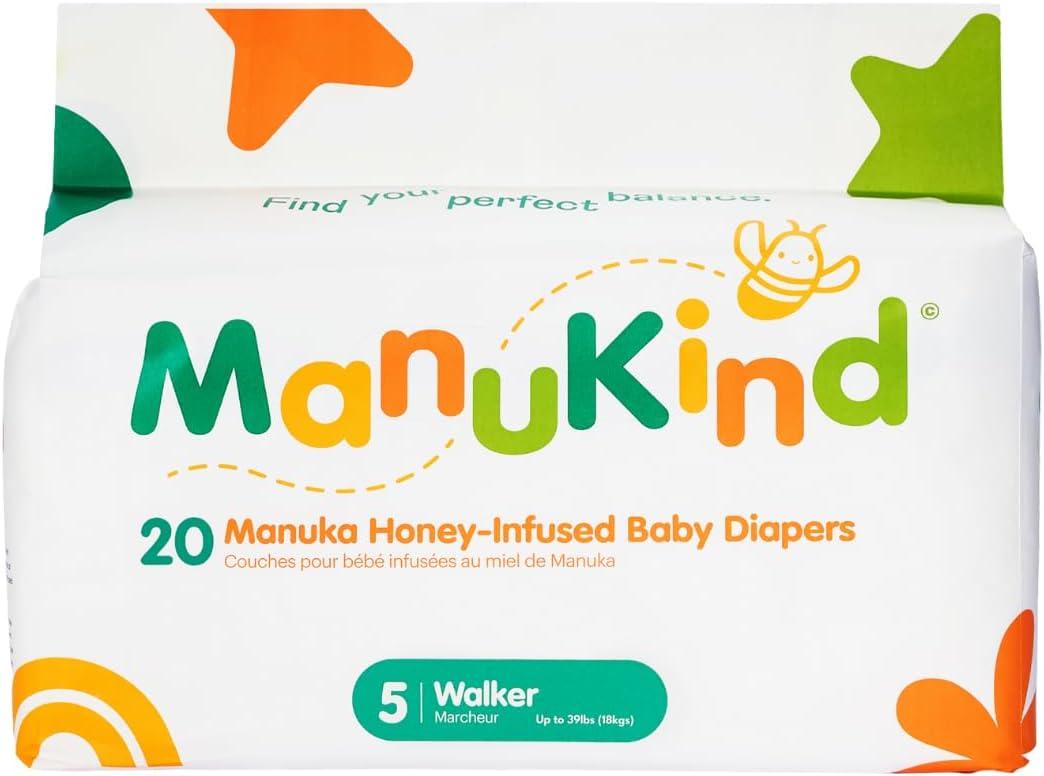 ManuKind Baby Diapers Size 5 (26-40 lbs), Manuka Honey Infused, Hypoallergenic Ultra Soft Disposable Diapers for Sensitive Skin, Fragrance & Chlorine Free, Plant-Based, 20 Count