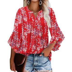 Angerella Womens 3/4 Sleeve Dressy Casual Top Trendy Shirts V Neck Business Work Chiffon Blouses (X-Large, Red)