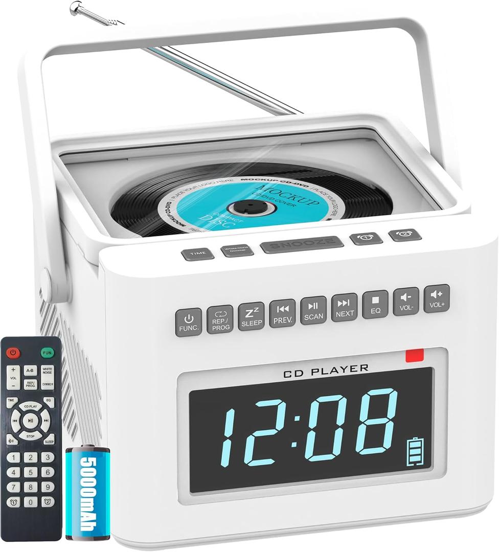 Greadio CD Player Alarm Clock Boombox with Bluetooth, 5000mAh Boombox Clock Radio with CD Player, White Noise, FM/AUX/USB/TF/Dimmer/Remote Control, Large LCD, Portable CD Radio Player for Home (White)