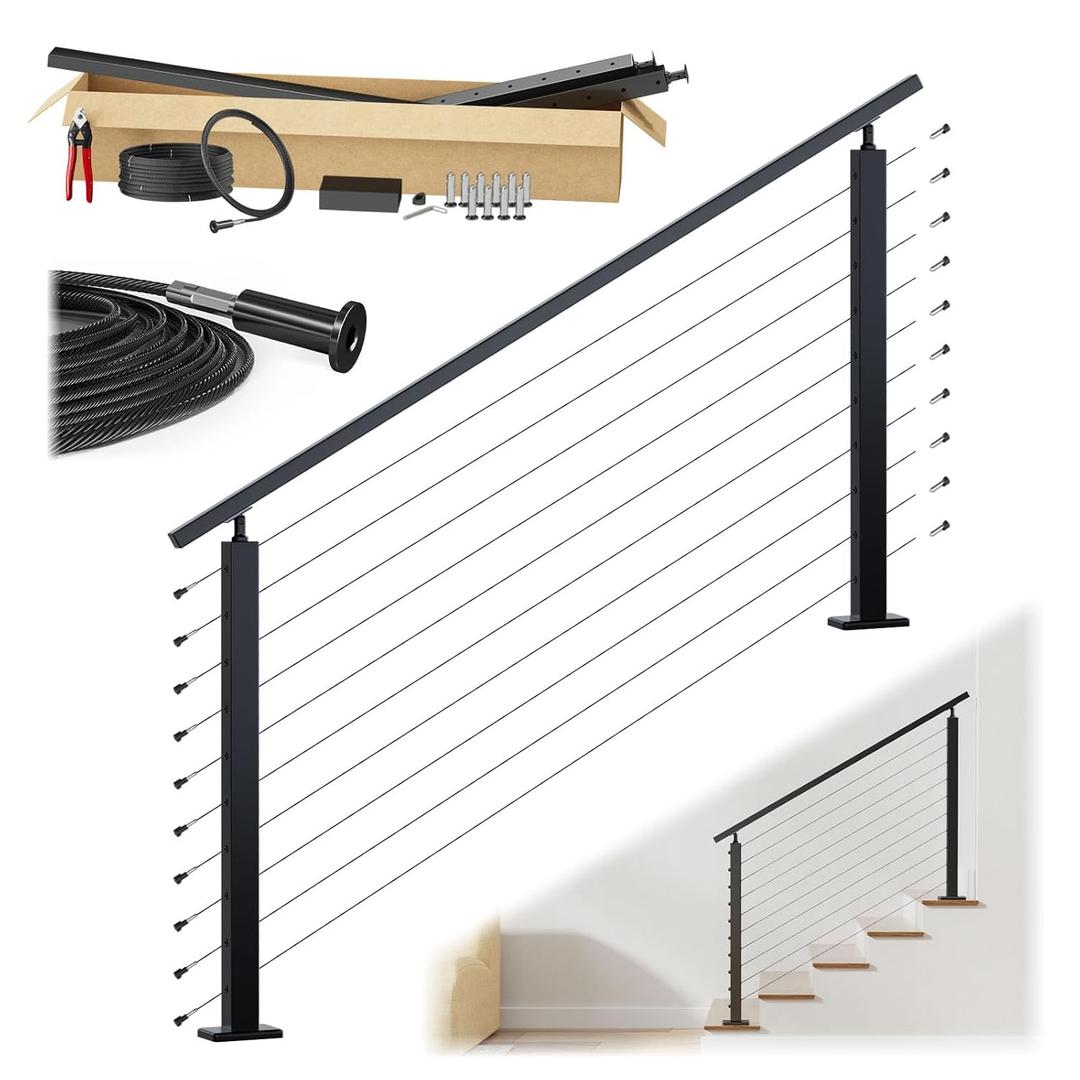 Muzata 2-4ft Black Complete Cable Railing Kit for Stairs Pre-Crimped 36 Inch Cable Railing System with Post Handrail Length Adjustable Easy DIY with User Guide Complete Set RC09