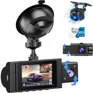 3 Channel Dash Cam Front and Rear Inside with 64GB SD Card, 1080P+720P+720P Car Dash Camera for Cars Front and Rear, Dashcam with G-Sensor, Loop Recording, 24H Parking Mode, Night Vision