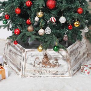 40" Wood Christmas Tree Collar, XL Hexagon Xmas Bottom Cover, Rustic Vintage Skirt for 7.5-11 ft Christmas Tree, Wooden Xmas Oversized Holiday Decor for Home Festive Party(White,Cute)