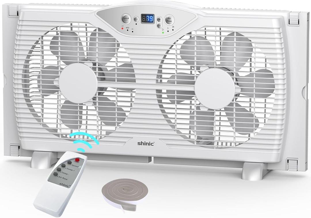 Shinic Twin Window Fan with 9-Inch Blades Reversible Airflow, 3 Speeds, Thermostat Control, Fits 23.8"-37" Windows, Window Exhaust Fans for Home Bedroom, ETL Certified