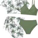 Girls Swimsuit 4 Piece Tropical Print Bikini Set Twist Criss Cross Bathing Suit with Kimono and Cover Up 9-16Y