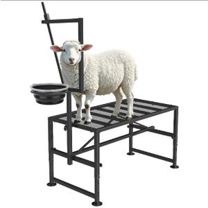 Goat Stand with Feed Bin for Milking, 600LBs Goat Trimming Stand, Livestock Table for Sheep Trimming Hoof and Milking, Iron Black, Adjustable Size