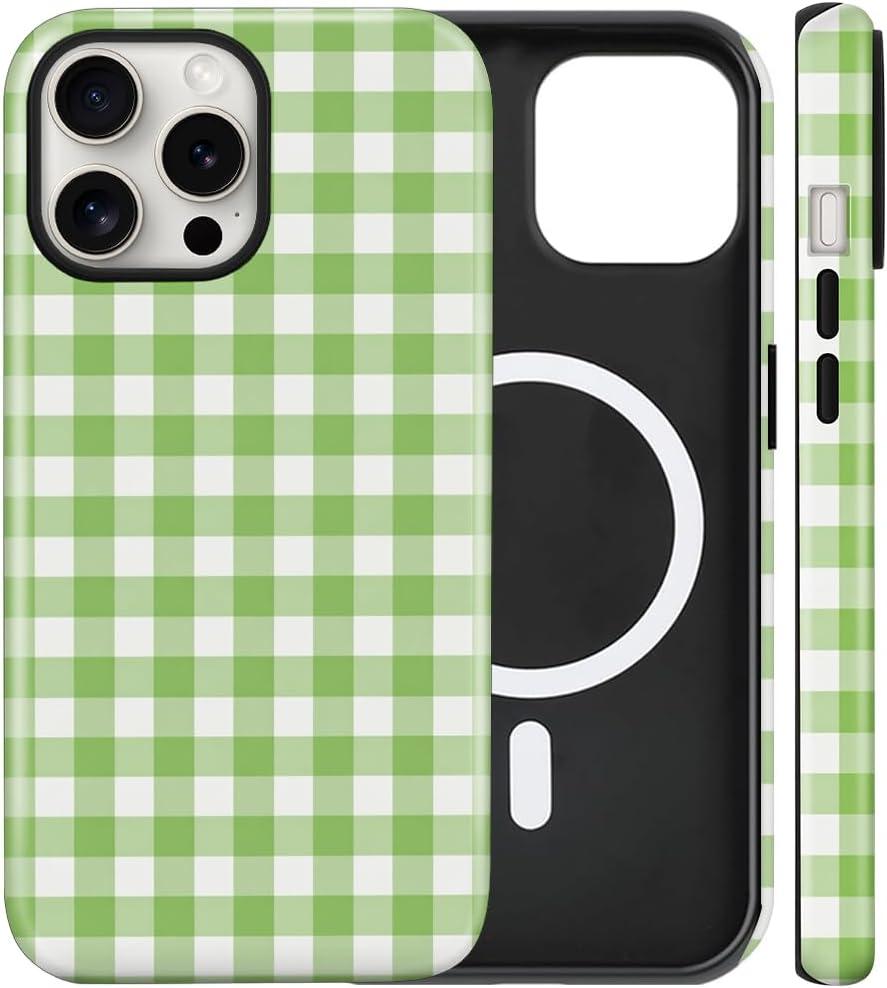 Magnetic for iPhone 13 Pro Max Cute Checkered Stripes Phone Case, Green