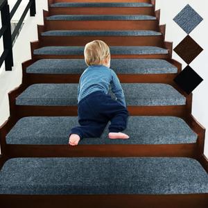Bullnose Self-Adhesive 9"X36" Stair Treads Carpet Non-Slip and Perfect for Indoor Wooden Steps, Washable and Removable Stair Rugs for Elders and Dogs, Set of 15, Dark Grey