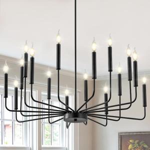 Modern Black Farmhouse Chandeliers, 16-Light Industrial Metal Chandelier Lighting, Classic Candle Hanging Pendant Light Fixtures for Kitchen Island, Living Room, Dining Room, Stair
