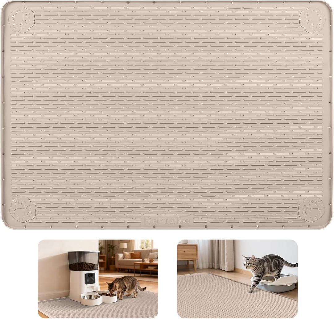 Cat Food Mat, 34" x 22" Large Silicone Pet Feeding Mat for Food and Water Bowls Non-Slip, Easy to Clean (Khaki)