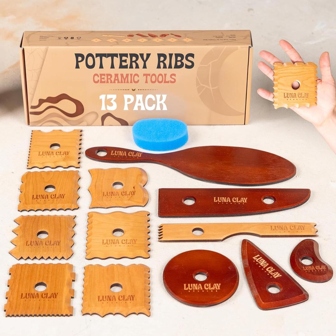 Pottery Ribs Tool Set | 13 Pack - Ceramic Tools for Pottery, Kiln-Dried Cherry Wood (None-Warping), Pottery Wheel Tools for Trimming, Comfortable Hold, Home or Studio Use, Sponge Included