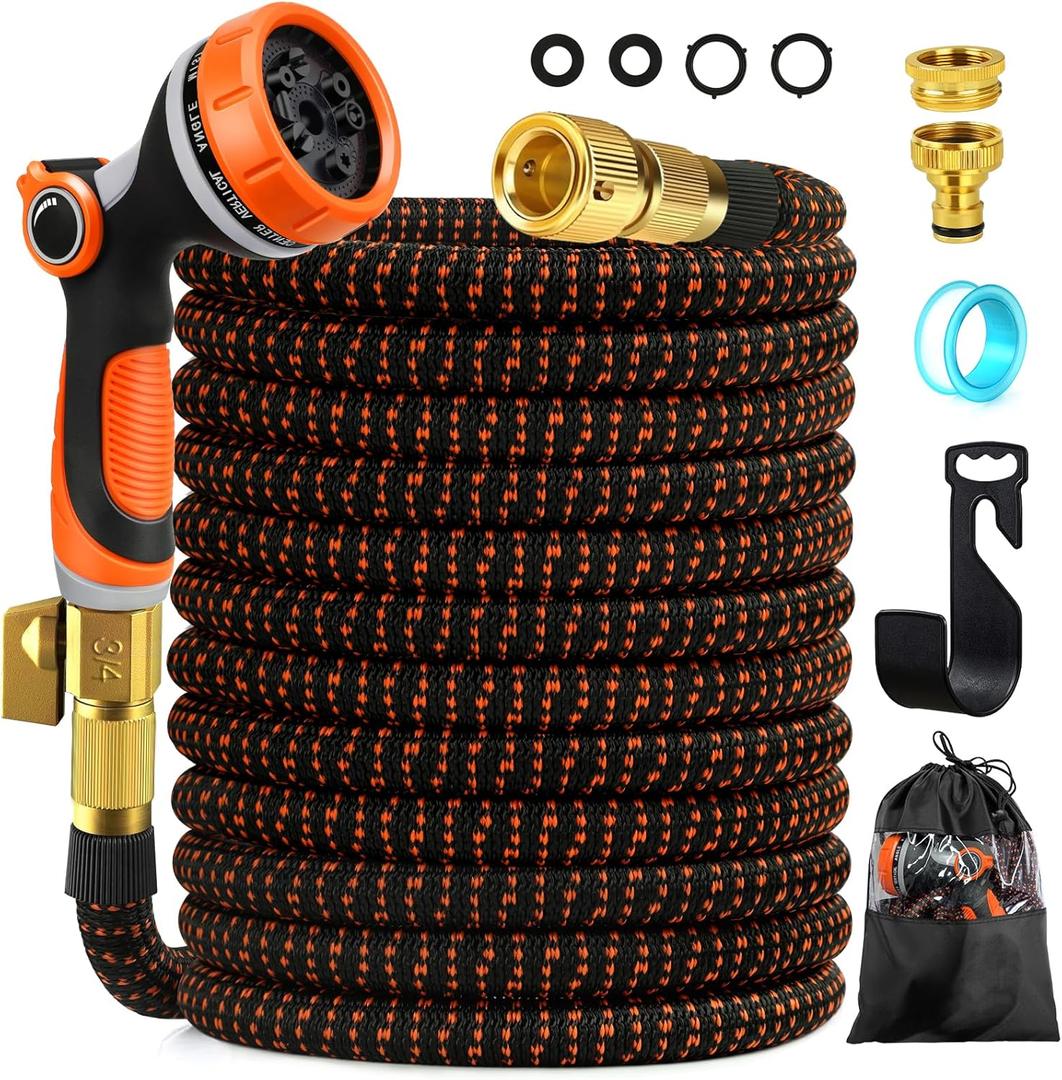 Garden Hose, Flexible Expandable Hose, 15m, Black and Orange, TPE and Fabric, 10 Function Nozzle, Wall Mount Attachment, 1 Pack