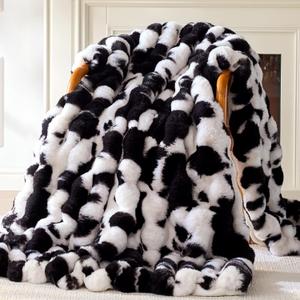 Faux Fur Throw Blanket, 1000GSM Fluffy Soft Bubble Blanket for Couch Bed, Cozy Plush Warm and Thick Blanket, Fuzzy Rabbit Throw for Living Room Bedroom 90''*104'' Cow Black (King)