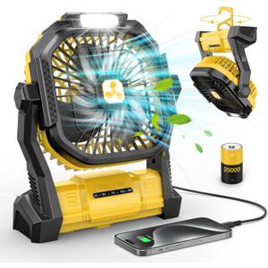 Portable Fan Rechargeable, 20000mah Cordless Battery Powered Fan with LED Lantern, USB Battery Operated for Travel Bedroom Home Camping Tent Office Beach Desk Picnic Fishing Table (Yellow)