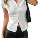 Women Button Down Shirts Y2k Slim Fit Tops Casual Short Sleeve V Neck Cropped Blouses Spring Summer Fashion Clothes, Small 