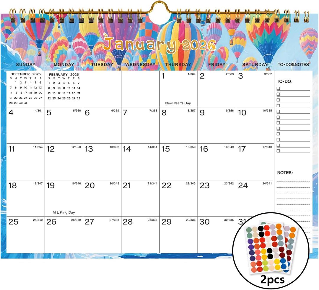 2 x 2026-2027 Wall Calendar - Includes January 2026 to June 2027, 18-Month Paper Wall Calendar 11 x 8.5 Inches.Thick Paper with Julian Dates and Block for New Year and Christmas Holidays To-dos  Notes (G)