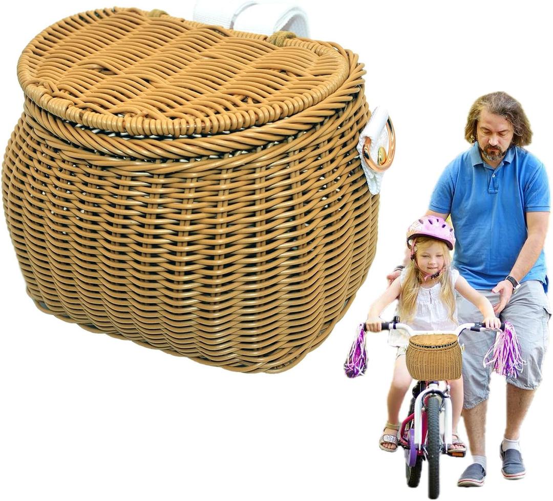 Bike Basket,Kids Bike Basket Front,with Adjustable Leather Straps,Weatherproof Premium Hand-Woven Rattan Storage Bicycle Basket for Boys Girls Bicycle Accessories